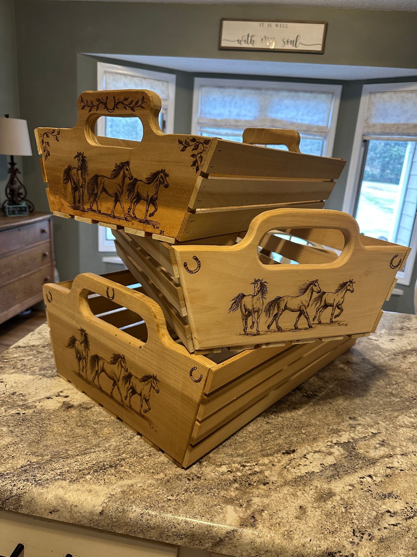 Handmade Wooden Carry Tray ~ Running Horses pyrography artwork