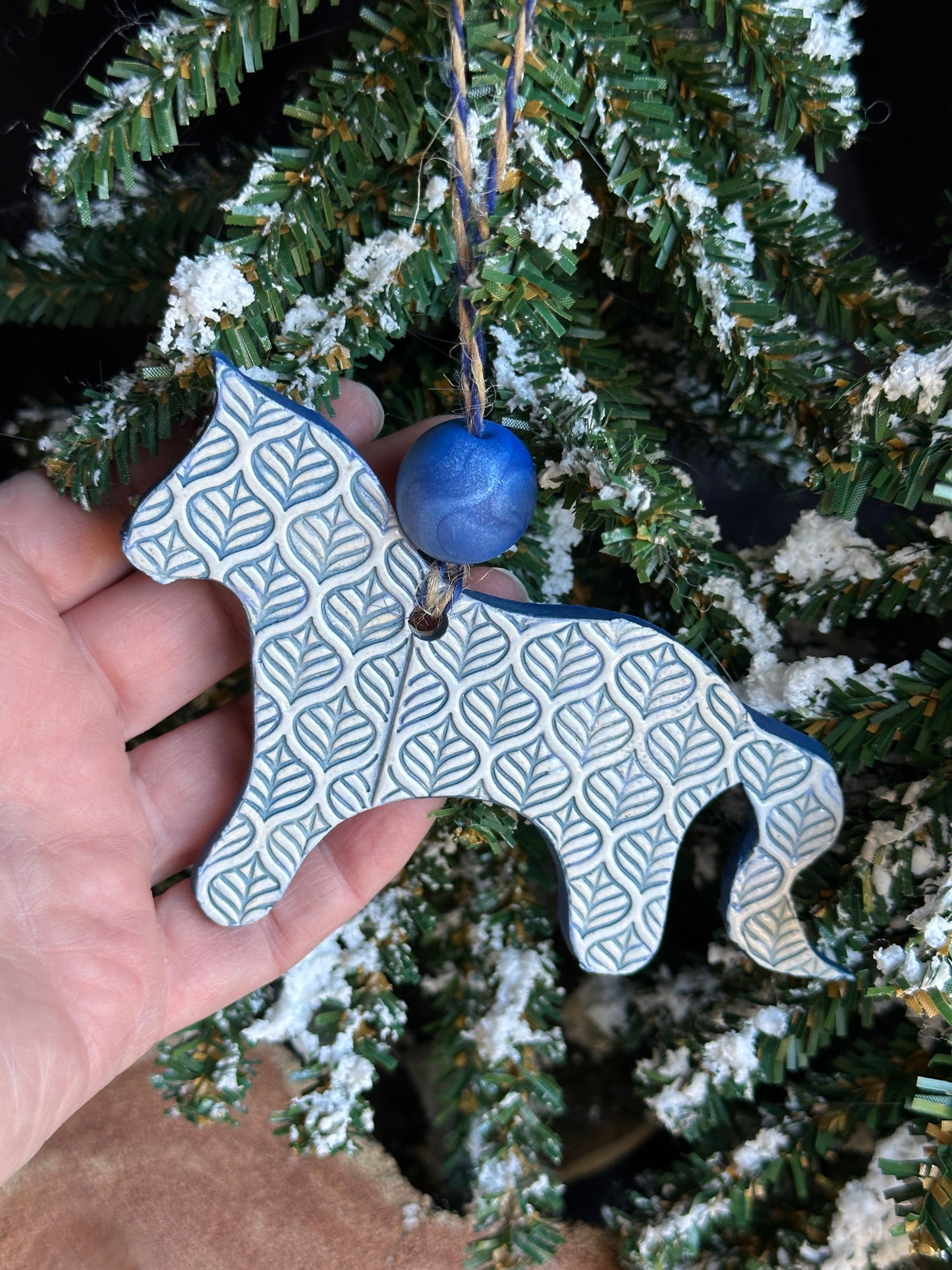 Blue Embossed Horse Ornament with Bead