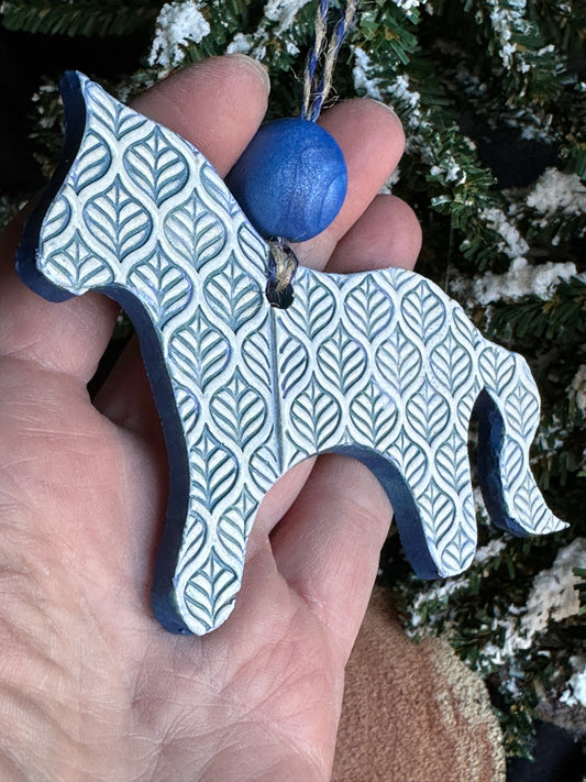 Blue Embossed Horse Ornament with Bead